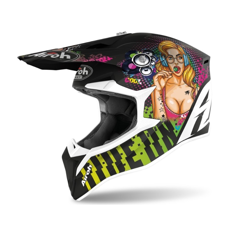 Motocross sisak Airoh Wraap Pin Up Fekete-zöld-rózsaszín