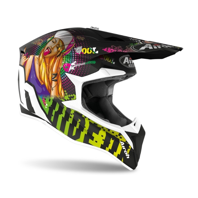 Motocross sisak Airoh Wraap Pin Up Fekete-zöld-rózsaszín