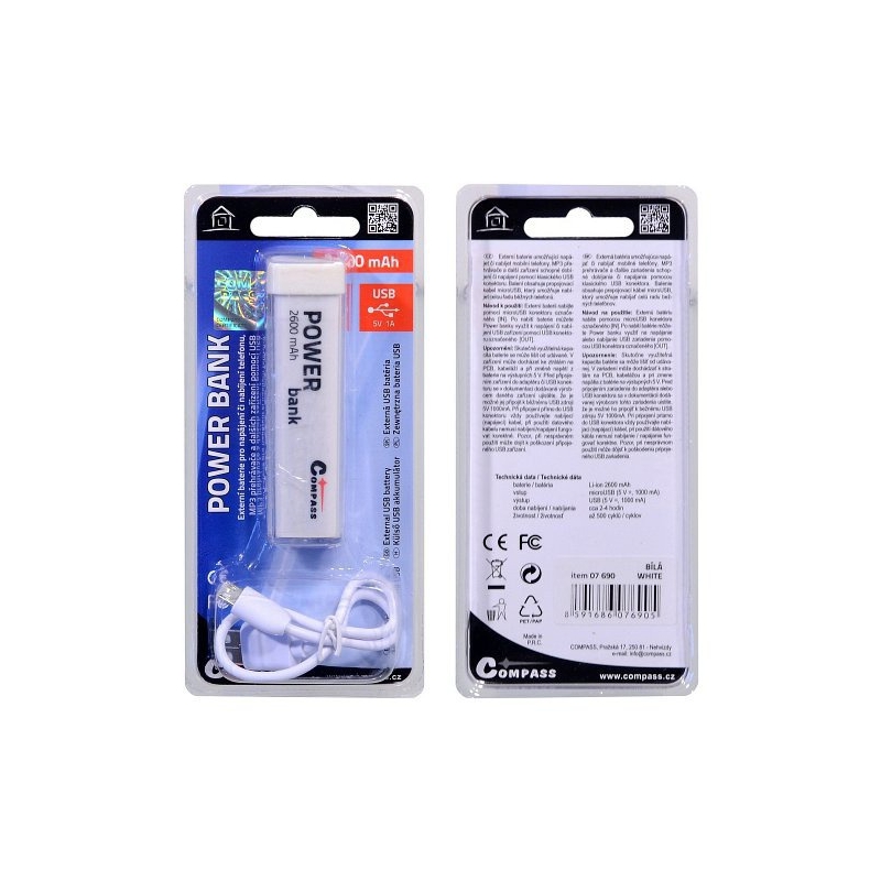 POWER BANK 2600mA fehér + 30cm kábel