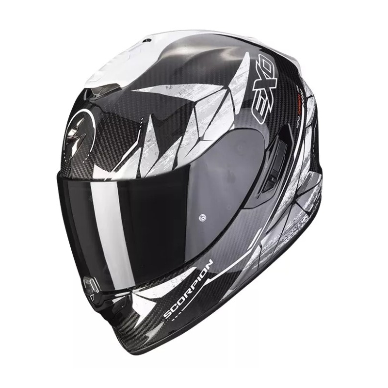 Beépített motoros sisak Scorpion EXO-1400 Carbon Air Aranea fekete-fehér