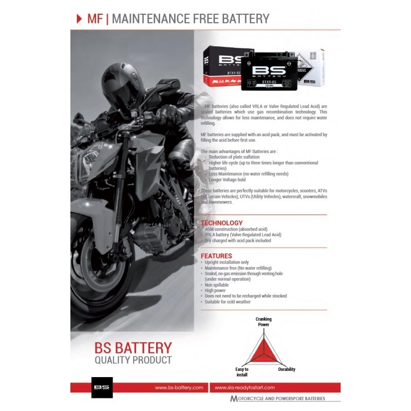 Maintenance free battery - max. 20° tilt BS-BATTERY