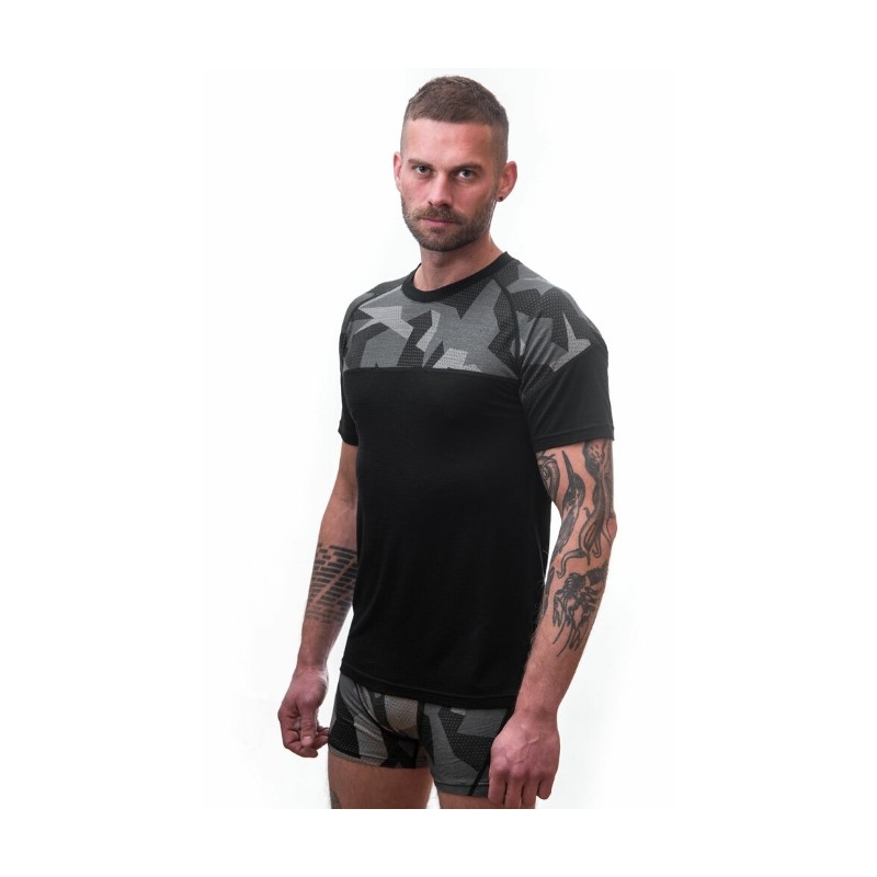 Férfi termikus póló érzékelő Merino Impress fekete álcázás - rövid ujjú kiárusítás