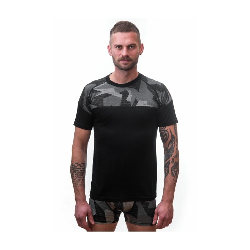 Férfi termikus póló érzékelő Merino Impress fekete álcázás - rövid ujjú kiárusítás
