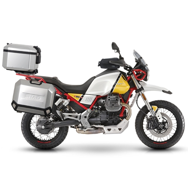 Complete set of aluminum cases SHAD TERRA, 37L topcase + 36L / 47L side cases, including mounting kit and plate SHAD MOTO GUZZI V 85 TT