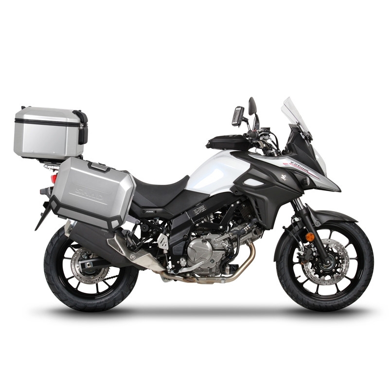 Complete set of aluminum cases SHAD TERRA, 48L topcase + 36L / 36L side cases, including mounting kit and plate SHAD SUZUKI DL 650 V-Strom