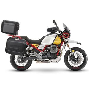 Complete set of black aluminum cases SHAD TERRA, 37L topcase + 36L / 47L side cases, including mounting kit and plate SHAD MOTO GUZZI V 85 TT