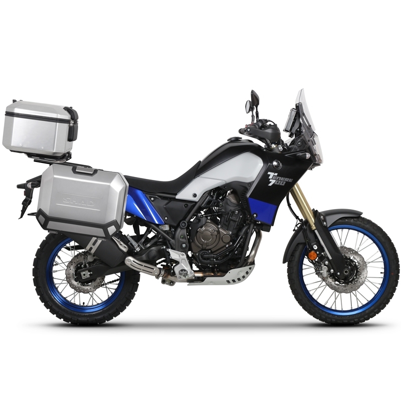 Complete set of black aluminum cases SHAD TERRA, 37L topcase + 36L / 47L side cases, including mounting kit and plate SHAD YAMAHA Tenere 700 XTZ690