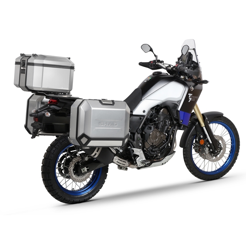 Complete set of black aluminum cases SHAD TERRA, 37L topcase + 36L / 47L side cases, including mounting kit and plate SHAD YAMAHA Tenere 700 XTZ690