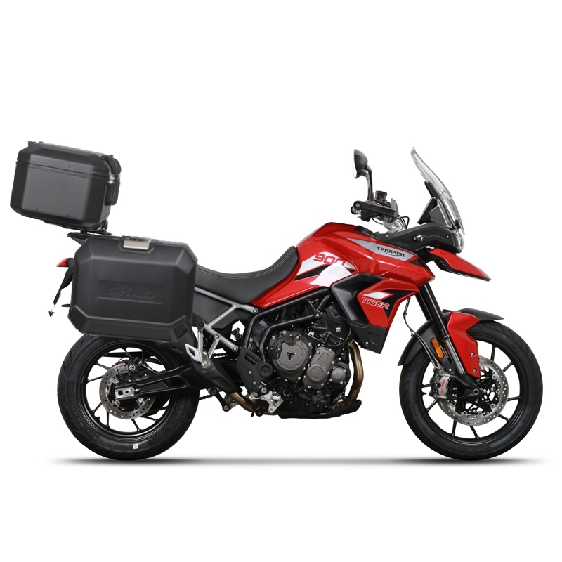 Complete set of black aluminum cases SHAD TERRA, 37L topcase + 36L / 47L side cases, including mounting kit and plate SHAD TRIUMPH Tiger 900