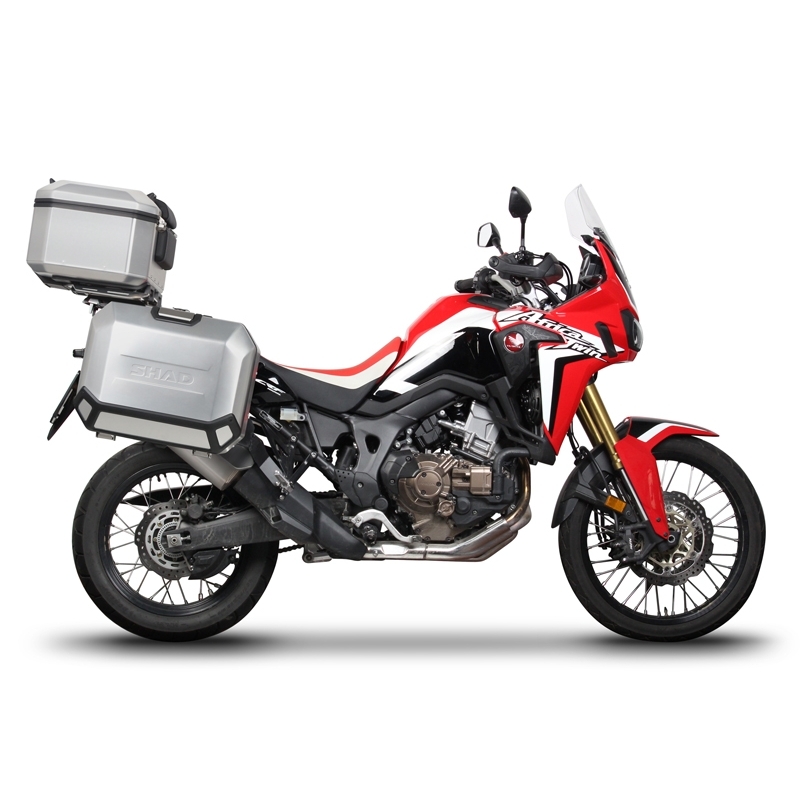 Complete set of black aluminum cases SHAD TERRA, 48L topcase + 36L / 47L side cases, including mounting kit and plate SHAD HONDA CRF 1000  Africa Twin