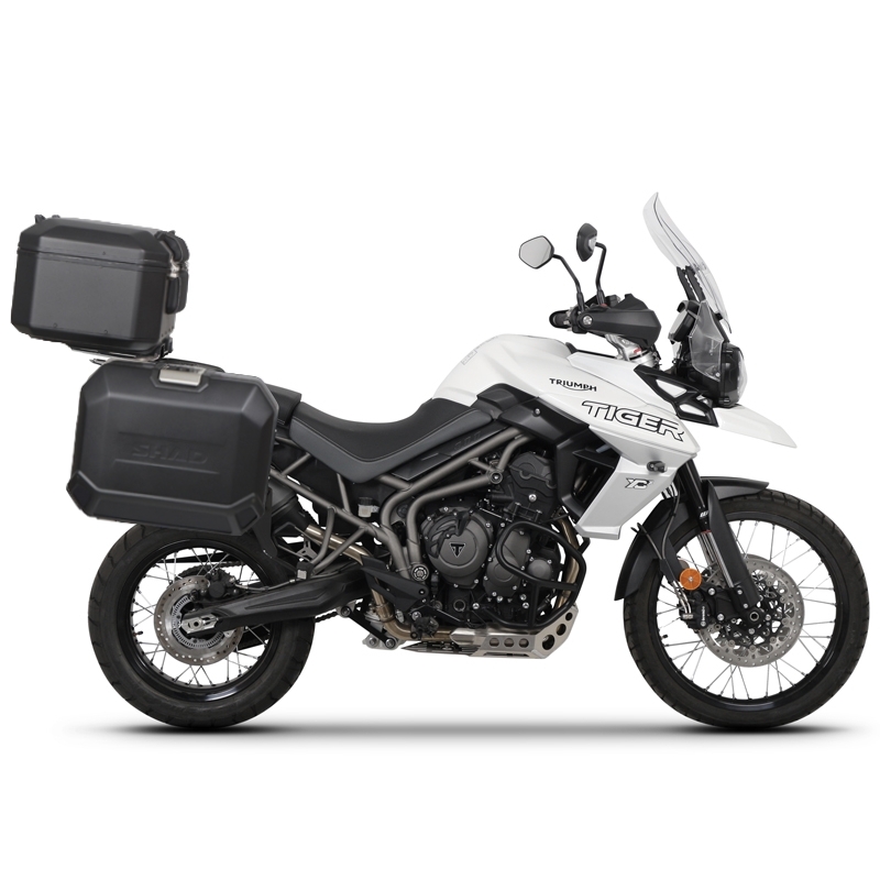 Complete set of black aluminum cases SHAD TERRA, 48L topcase + 36L / 47L side cases, including mounting kit and plate SHAD TRIUMPH Tiger 800