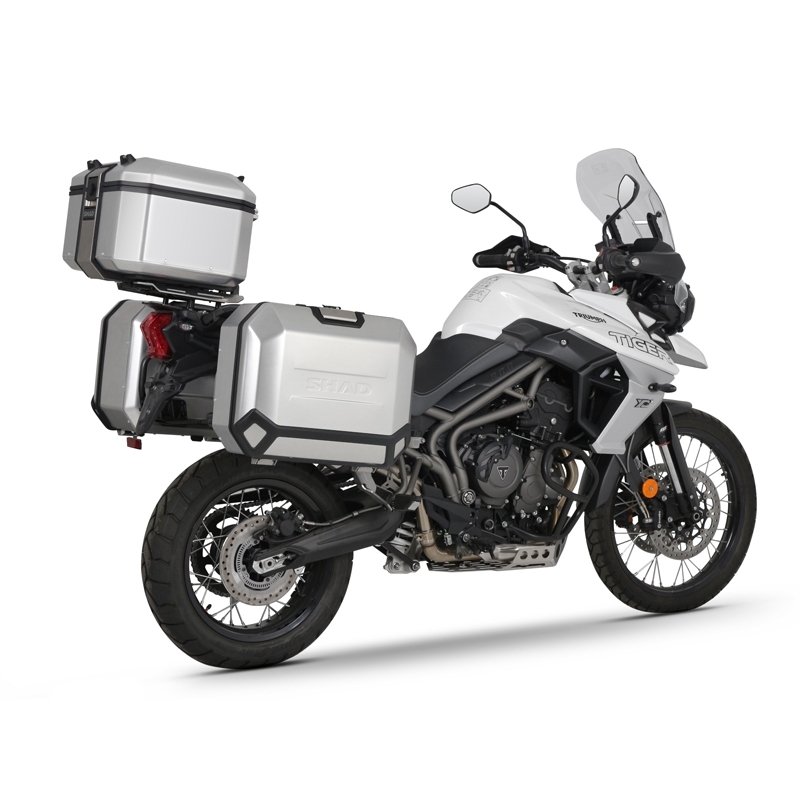 Complete set of black aluminum cases SHAD TERRA, 48L topcase + 36L / 47L side cases, including mounting kit and plate SHAD TRIUMPH Tiger 800