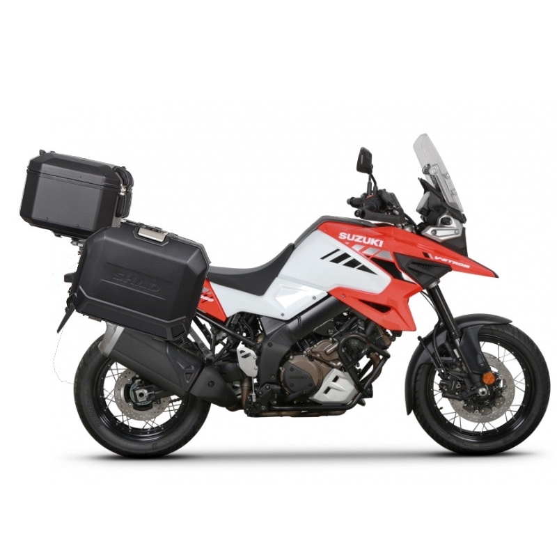 Complete set of aluminum cases SHAD TERRA BLACK, 48L topcase + 47L / 47L side cases, including mounting kit and plate SHAD SUZUKI DL 1000 V-Strom/ DL 1050 V-Strom