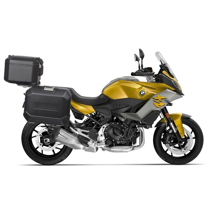 Complete set of aluminum cases SHAD TERRA BLACK, 37L topcase + 47L / 47L side cases, including mounting kit and plate SHAD BMW F 900 XR