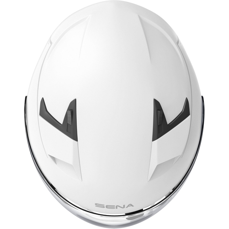 Nyitott motoros sisak SENA Outstar headsettel, fehéren fényes