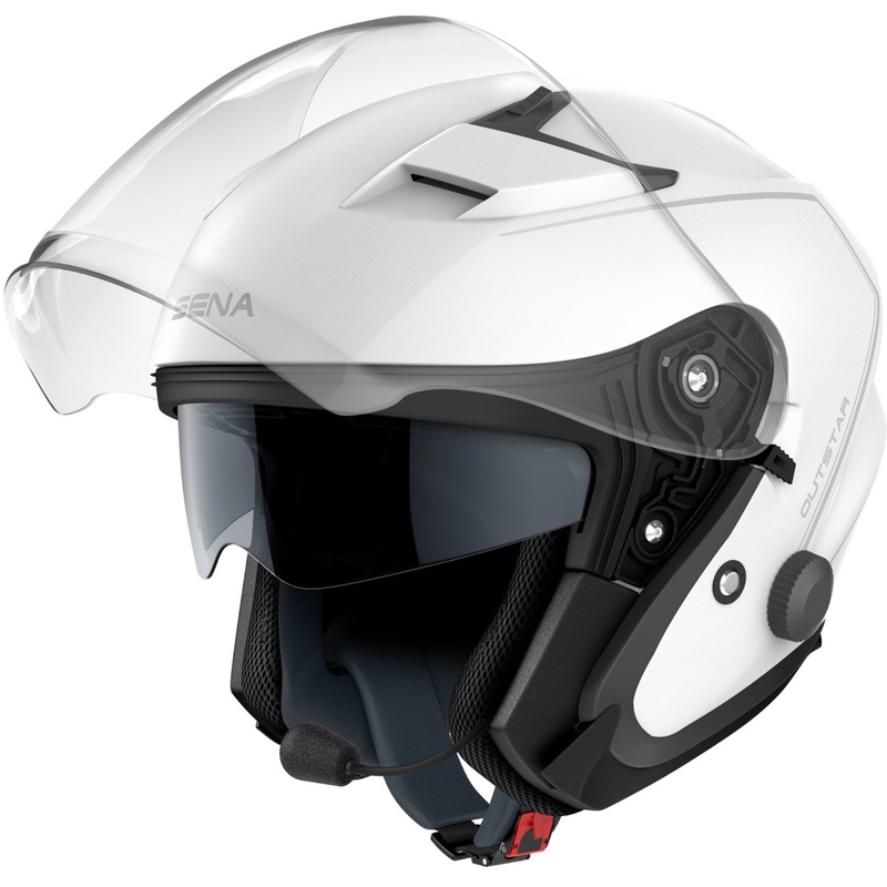 Nyitott motoros sisak SENA Outstar headsettel, fehéren fényes