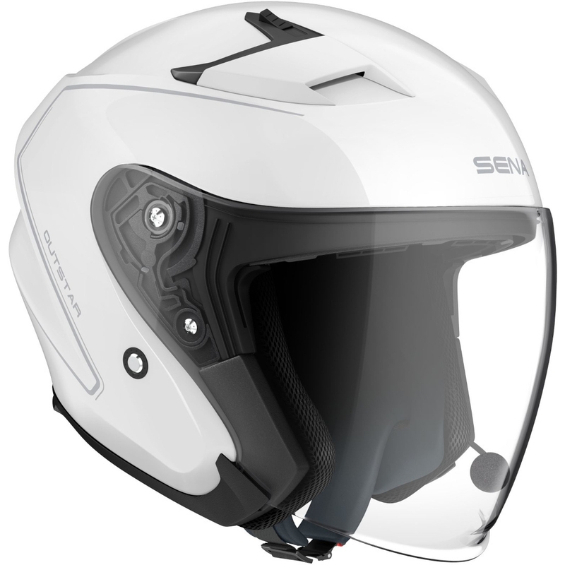 Nyitott motoros sisak SENA Outstar headsettel, fehéren fényes