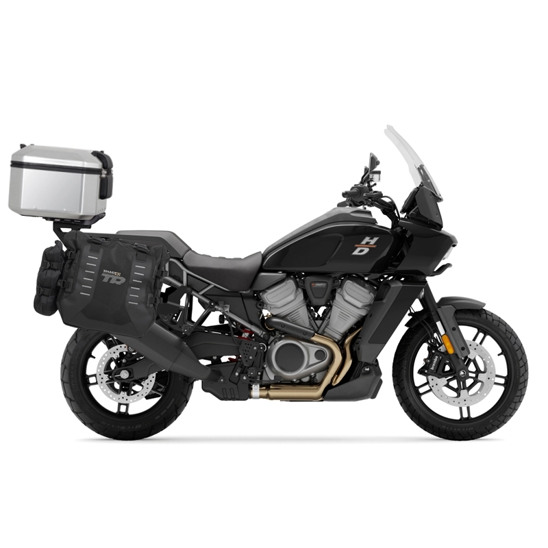Complete set of SHAD TERRA TR40 adventure saddlebags and SHAD TERRA aluminium 37L topcase, including mounting kit SHAD Harley Davidson Pan America 1250