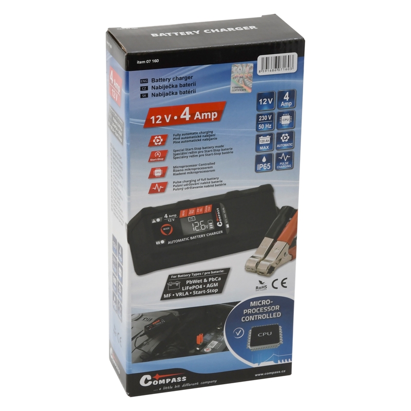 Mikroprocesszoros töltő 4Amp 12V PB/GEL/AGM/LiFePO4 LCD kijelző
