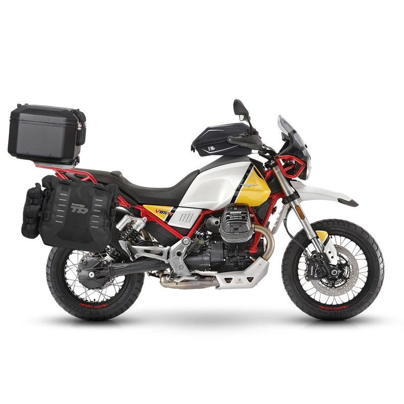 Complete set of SHAD TERRA TR40 adventure saddlebags and SHAD TERRA BLACK aluminium 37L topcase, including mounting kit SHAD MOTO GUZZI V 85 TT