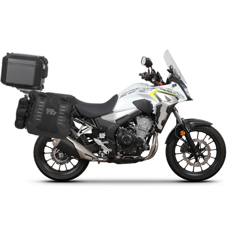Complete set of SHAD TERRA TR40 adventure saddlebags and SHAD TERRA BLACK aluminium 48L topcase, including mounting kit SHAD HONDA CB 500 X