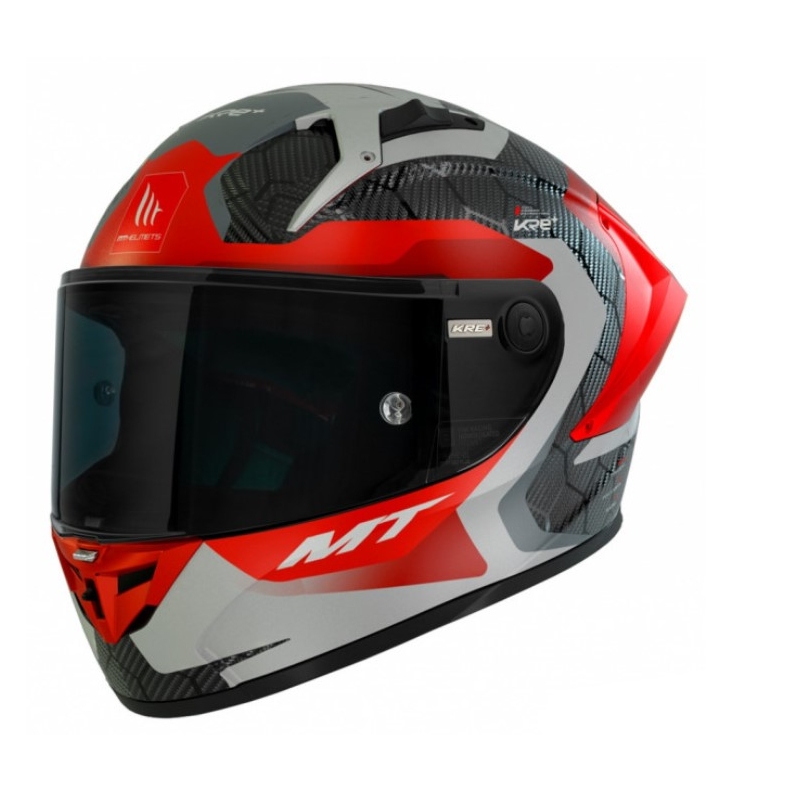 MT KRE+ Carbon Erőteljes szürke-piros integrált motorkerékpáros sisak