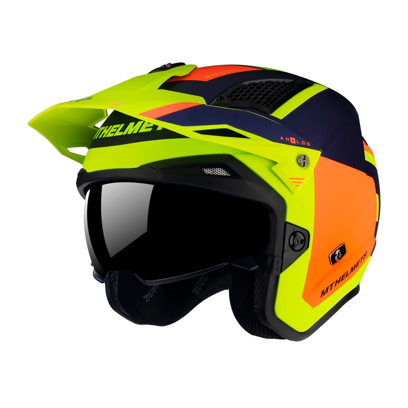 MT District SV Analog D27 nyitott trial bukósisak kék-narancssárga-fluo sárga