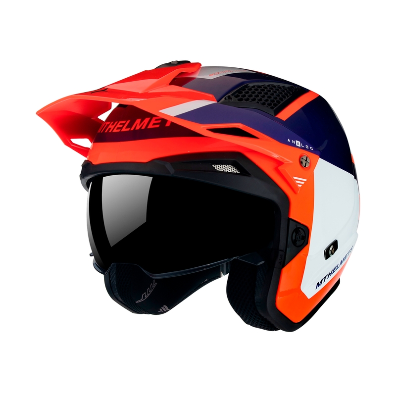 MT District SV Analog D27 nyitott trial bukósisak kék-fehér-fluo narancssárga