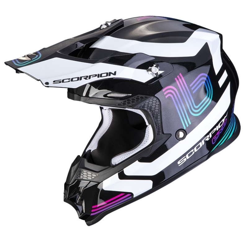 Scorpion VX-16 EVO AIR TUB motocross bukósisak fekete-fehér-metál rózsaszín