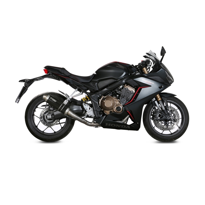 Teljes kipufogó rendszer 4x2x1 STORM GP Acélos fekete részére HONDA CB 650 R 2019-2023, HONDA CBR 650 R 2019-2023