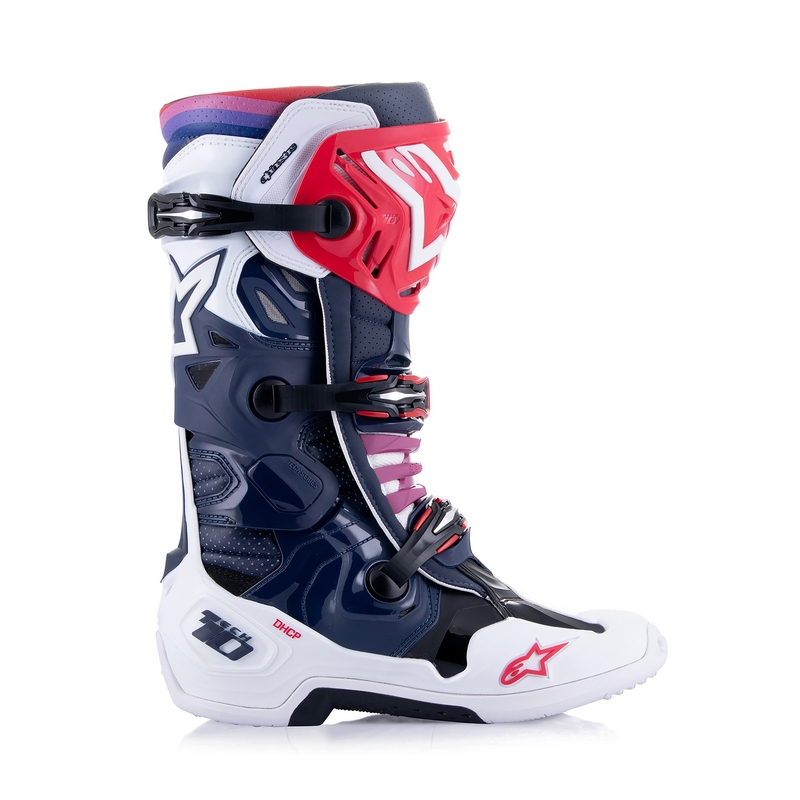 Alpinestars Tech 10 Superventilated perforált motoros csizma sötétkék-fehér-piros-lila