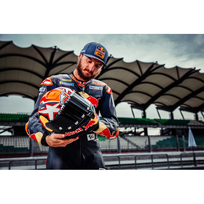 Teljes arcvédő bukósisak Alpinestars Supertech R-10 Team karbon fluo piros-kék-fehér matt