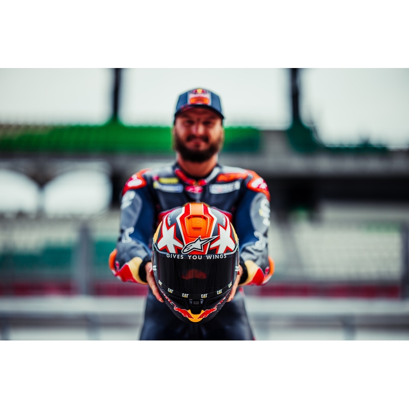 Teljes arcvédő bukósisak Alpinestars Supertech R-10 Team karbon fluo piros-kék-fehér matt