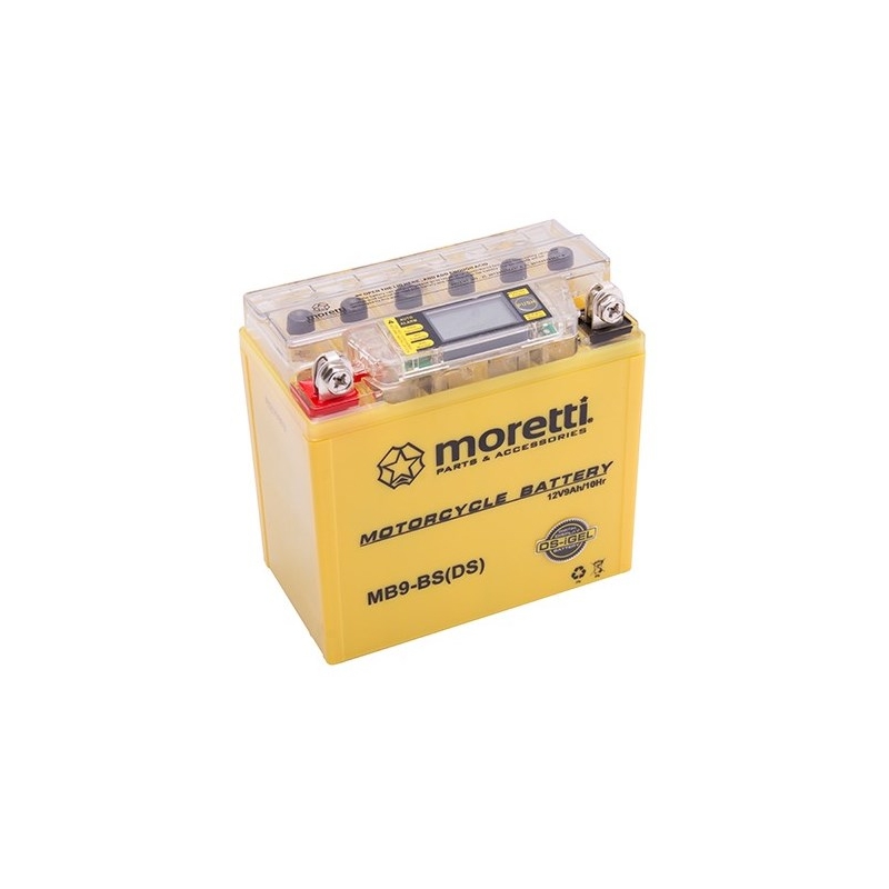Karbantartást nem igénylő zselés akkumulátor Moretti MB9-BS, 12V 9Ah feszültségmérővel