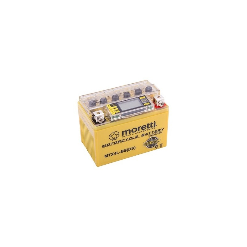 Karbantartást nem igénylő zselés akkumulátor Moretti MTX4L-BS, 12V 4Ah feszültségmérővel