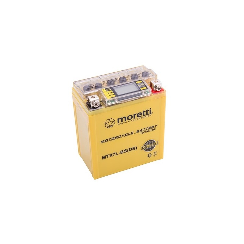 Karbantartást nem igénylő zselés akkumulátor Moretti MTX7L-BS, 12V 7Ah feszültségmérővel