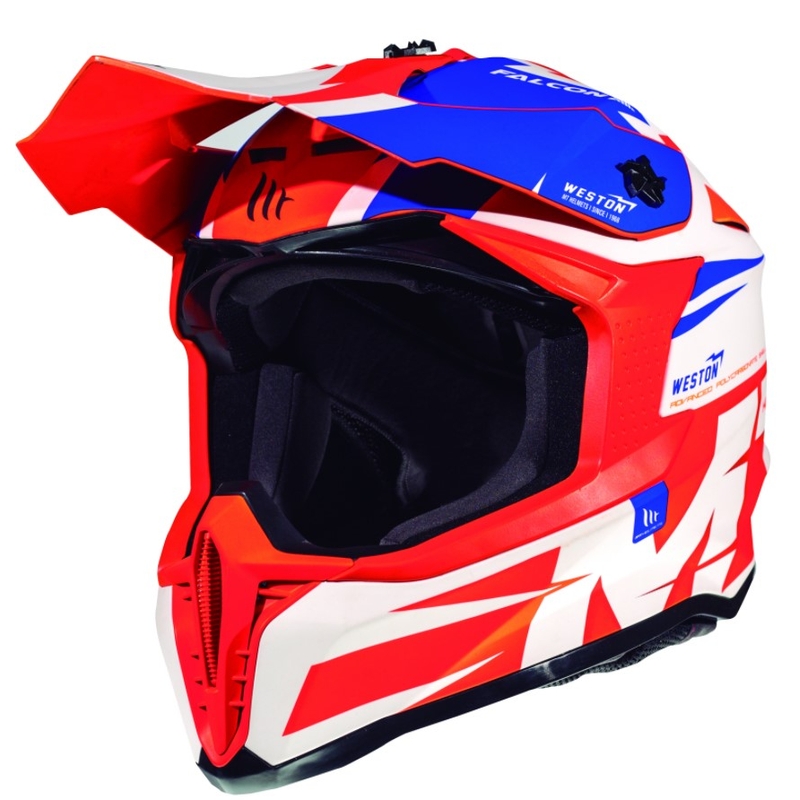 Motocross sisak MT Falcon Weston fehér-kék-fluo narancs