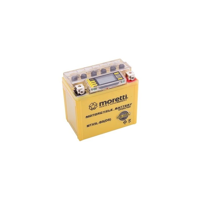 Karbantartást nem igénylő zselés akkumulátor Moretti MTX5L-BS, 12V 5Ah feszültségmérővel