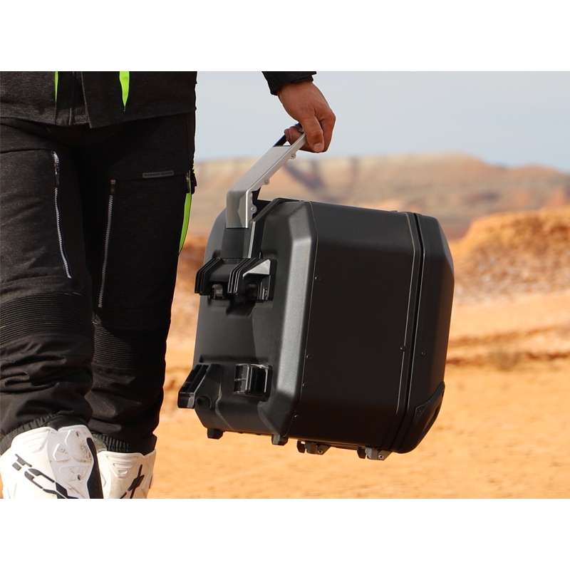 Complete set of black aluminum cases SHAD TERRA, 48L topcase + 36L / 47L side cases, including mounting kit and plate SHAD MOTO GUZZI V 85 TT