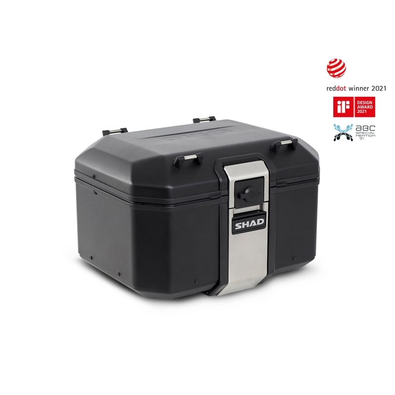 Complete set of aluminum cases SHAD TERRA BLACK, 48L topcase + 47L / 47L side cases, including mounting kit and plate SHAD SUZUKI DL 650 V-Strom