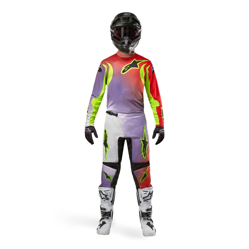 Alpinestars Fluid Lucent 2024 motocross nadrág fehér-lila-piros-sárga-piros-fluo fekete