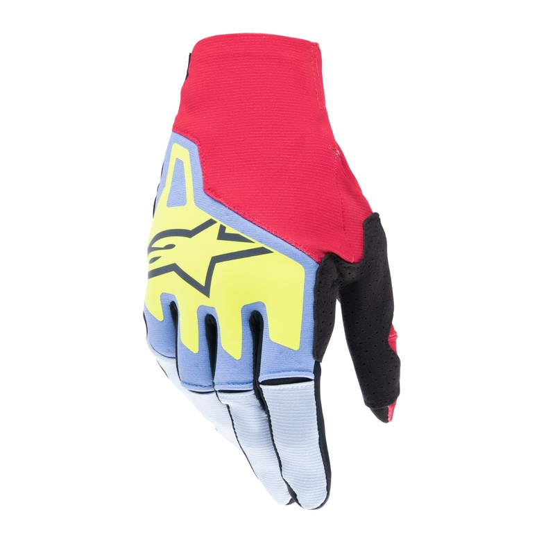 Alpinestars Techstar motokrossz kesztyű világoskék-piros-sárga fluo-fekete