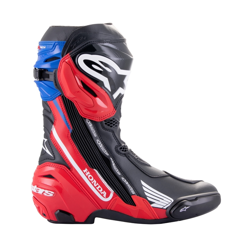 Alpinestars Supertech R Honda motoros csizma fekete-piros fluo-kék-fehér