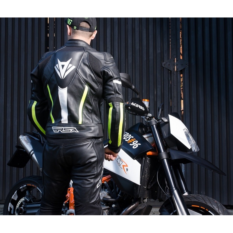 Férfi motoros kabát RSA Vírus fekete-fehér-fluo sárga akció kiárusítás