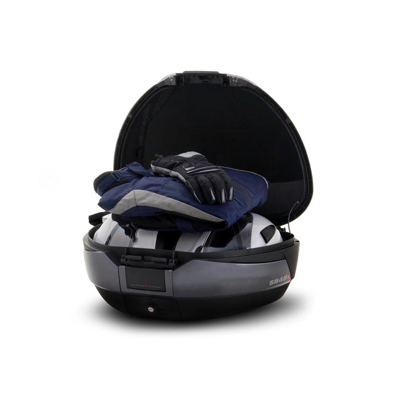 Felső csomagtartó SHAD SH48 New Titanium with backrest, carbon cover and PREMIUM SMART lock