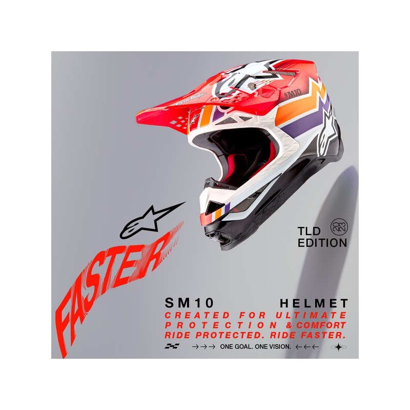 Alpinestars Supertech S-M10 Edice Troy Lee Designs motokrossz bukósisak narancssárga-sárga-lila-fehér-fekete