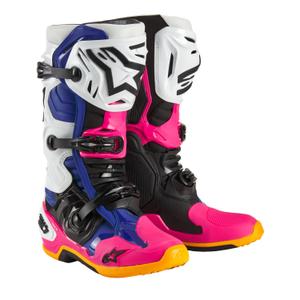 Alpinestars Tech 10 limitált kiadás Coast motoros csizma fehér-sötétkék-rózsaszín-fluo sárga-narancssárga-fekete