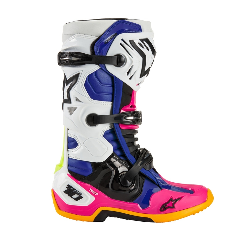 Alpinestars Tech 10 limitált kiadás Coast motoros csizma fehér-sötétkék-rózsaszín-fluo sárga-narancssárga-fekete