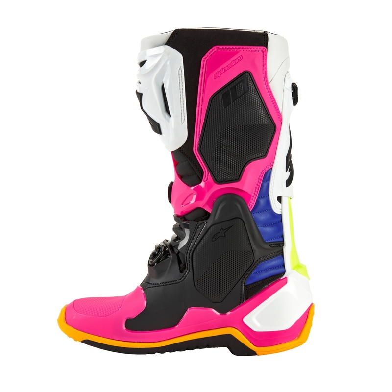 Alpinestars Tech 10 limitált kiadás Coast motoros csizma fehér-sötétkék-rózsaszín-fluo sárga-narancssárga-fekete