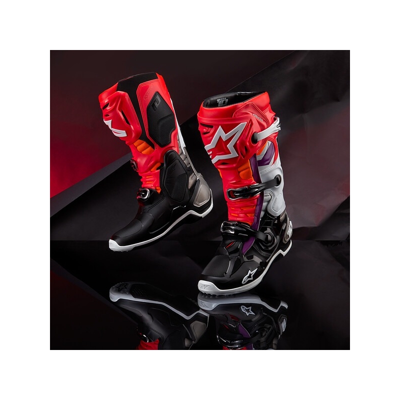 Alpinestars Tech 10 motoros csizma narancssárga-sárga-lila-fehér-fekete